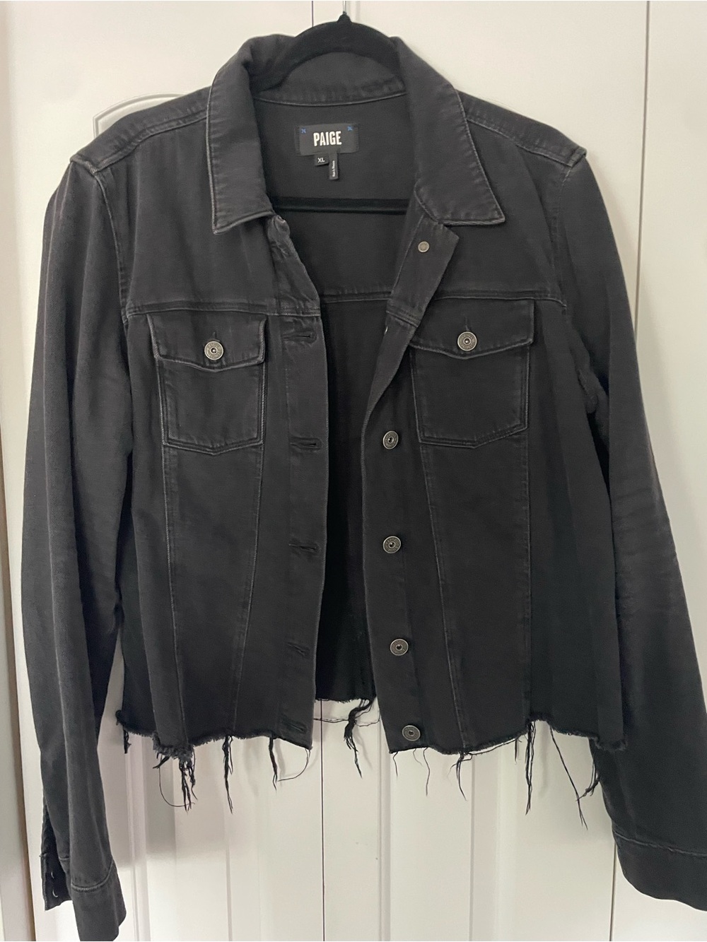 PAIGE Black Frayed-Hem Denim Jacket